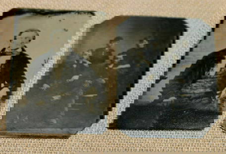 pair antique tintype photographs: set or lot of two ca. 1890&apos;s tintype photographs&comma; one a nice crisp black and white portrait photograph of a gentleman sitting in a chair with hand tinted cheeks and the other of what appear