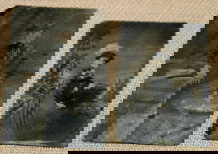 pair antique tintype photographs: set or lot of two ca. 1890&apos;s tintype photographs&comma; both black and white portraits of fancy ladies donning hats and gorgeous dresses&comma; the one with a hat on the back of June 1894 and ill