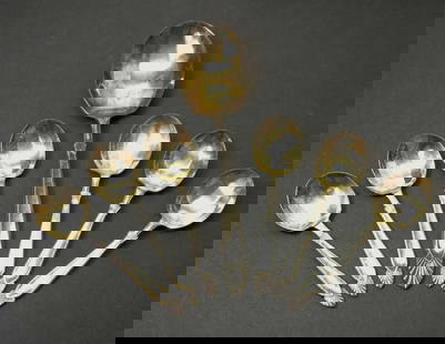 antique silver plated English fruit spoon set: antique set or lot of Continental or European dessert or fruit spoons&comma; including a larger serving piece and 6 matching personal sized spoons&comma; marked as shown Made in England Angora Silver