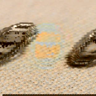 vintage estate jewelry: Native American ring: unmarked but most likely silver (I see only a "5" so possibly Sterling?) Native American Indian ring with maker's or artist's stamp letter "U" in an arrow, beautiful designs on either side of the band