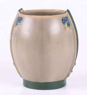 antique Art Deco pottery vase: late Art Deco or Mid Century Modern (MCM) pottery vessel with bookmark design and abstract blue floral or flower design with unusual ribbed side panels&comma; marked on the bottom as shown6 1/2&quot;