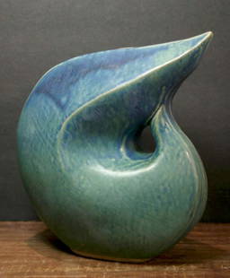 vintage MCM Asian swoop vase: retro Mid Century Modern style (or possibly actually from the Era) pottery vase with swoop design&comma; beautiful blue and green drip glaze and illegible Asian character artist&apos;s mark on the bot
