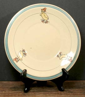 antique Roseville pottery plate: antique marked RV on the bottom as shown baby or kids&apos; plate with three yellow ducks wearing a hat and matching orange shoes design8&quot; in diameter