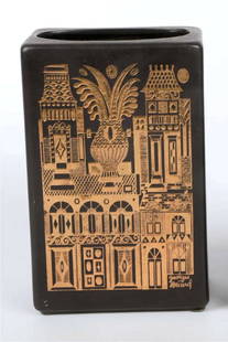 MCM Georges Briard vase with gilt design: Mid Century Modern signed Georges Briard ceramic or pottery rectangular black matte vase with oval opening and shiny gold toned abstract street view or houses design, marked Hyalyn USA underneat
