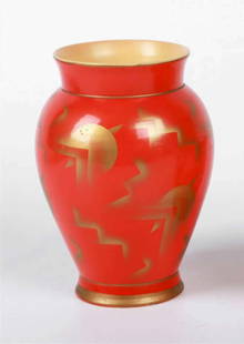 vintage Czech pottery vase: marked underneath as shown RFH (possibly for Richter&comma; Fenk and Hahn)&comma; Czech pottery pot with orange/red and gold painted abstract design
