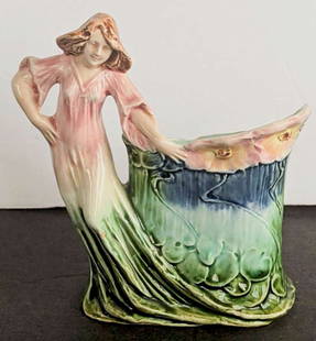 antique figural Majolica small planter pot: beautifully made antique pottery Majolica small jardiniere or vessel with woman wearing a pink dress in Art Nouveau style flowing into an organic (Waterlily) pond&comma; numbered as shown underneath