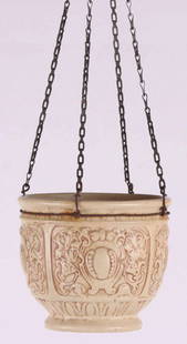 small Weller hanging planter pot: unmarked but most likely Ivory colored Weller hanging plant pot or jardiniere with an abstract design and rim with original metal hanging chain