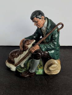 vintage Royal Doulton male figurine: marked as shown underneath Royal Doulton Made in England The Master H.N. 2325 1966, depicting an elderly man sitting on a log with a walking stick or cane petting his dog