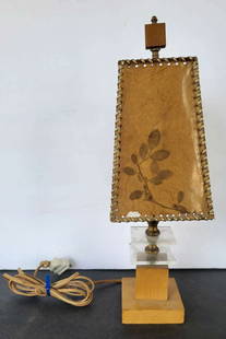 retro floral table lamp: vintage lamp with clear Lucite and wooden discs and fiber and dried flowers shade&comma; on a wooden baseThis listing is for one lamp (shown)&comma; but I have another matching one too&comma; if inter