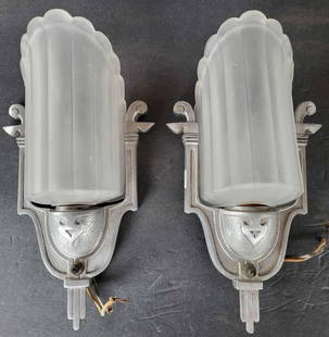 vintage PAIR Art Deco slip shade sconces: vintage or antique Art Deco period slipper or batwing wall hung sconces with silver toned metal base and frosted and ribbed glass shades that slip into place behind the frame&comma; so you can take th