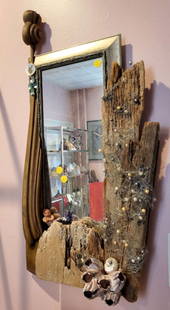 vintage listed artist designed wall mirror: unique artisan made driftwood mirror with applied coral, metal wire with faux pearls, a shell and a baby doll mermaid all in a vintage frame, info on the back as shown about the arti