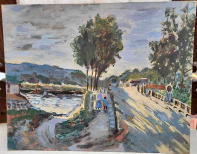 unframed vintage Impressionist style painting: vintage oil painting on artist board with hand written note on the back After Monet (original by Monet titled The Seine at Bougival) by the artist William Troy and depicting a quaint street scene with