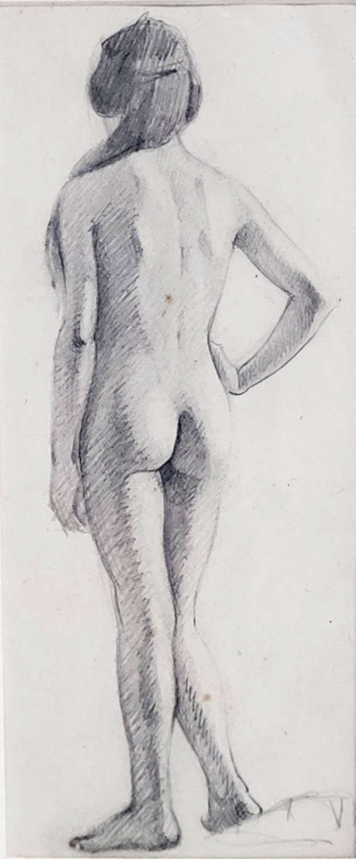 vintage framed original nude study drawing: vintage gilt and carved wooden frame with matte and original pencil drawing study of a nude woman with long hair, unsigned