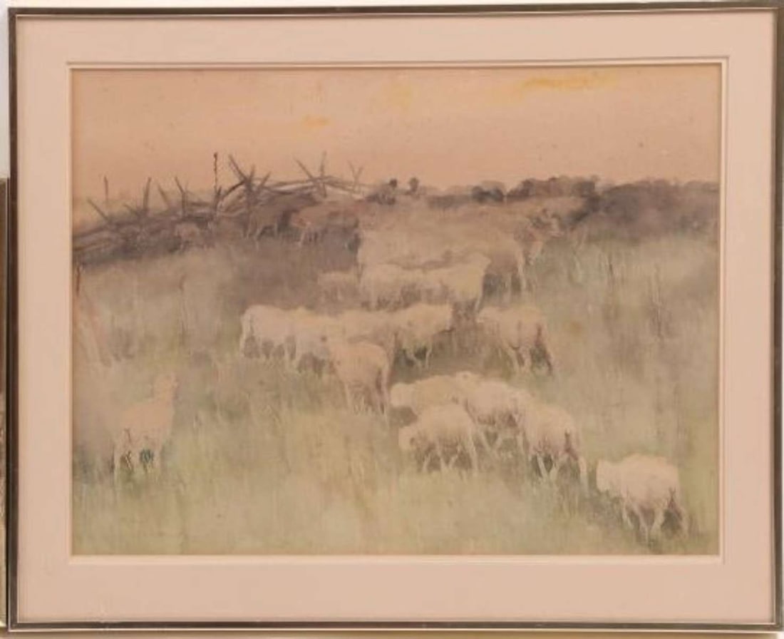 antique pastoral watercolor painting: antique watercolor depicting a flock of sheep grazing on a grassy hillside with farm fence in the background, appears unsigned and is in a vintage chromed frame frame is about 14 3/4" wide 