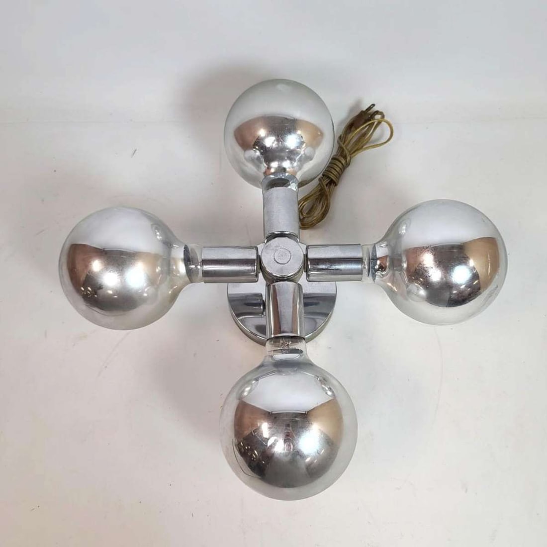 MCM chrome ceiling fixture: Mid Century Modern vintage Sputnik or Space Age ceiling lamp or light with 4 "spoke" chrome body and silver toned bulbs, reminds me of Robert Sonneman Molecule lamps, but this on