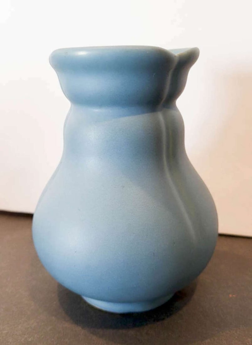 vintage Weller pottery vase: vintage or antique matte blue bulbous shaped (Hyacinth bulb?) vase, marked underneath as shown