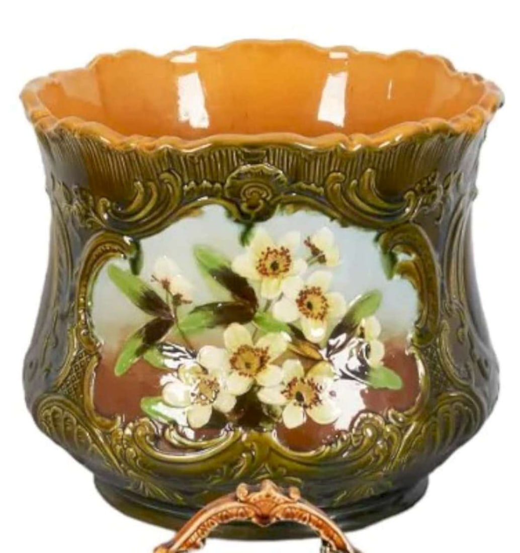 antique English Wardle pottery Majolica jardiniere: antique Art Nouveau period planter pot in yellow and green tones with hand painted impasto floral or flower design and marked underneath as shown Wardle England with a number widest (outside rim) dime