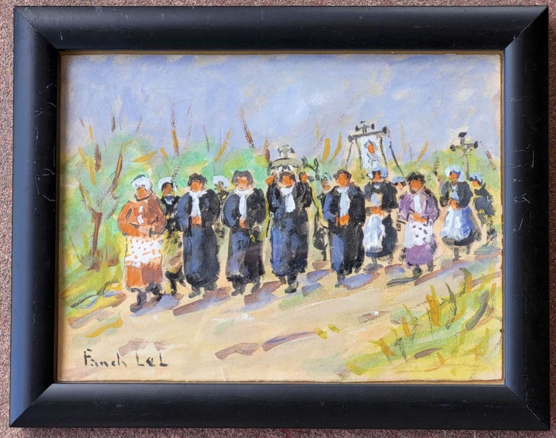 vintage French framed painting Fanch Lel: small painting on paper in a black frame depicting a religious procession of people carrying banners or flags and signed lower left Fanch Lel as shown, see the previous lot for another painting 