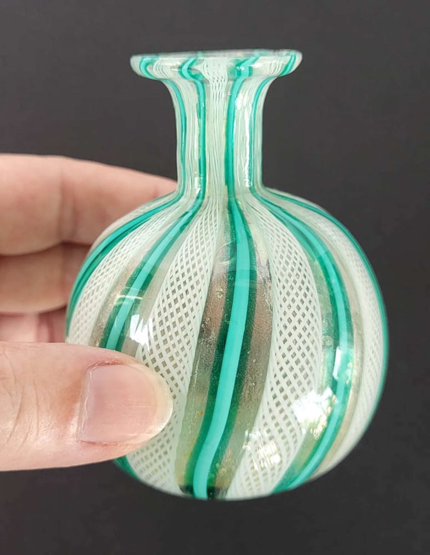 vintage ca. 1960's Murano bud vase: miniature bud vase, unmarked but likely Murano Latticino white, clear and green Venetian style glass, beautiful hand blown piece