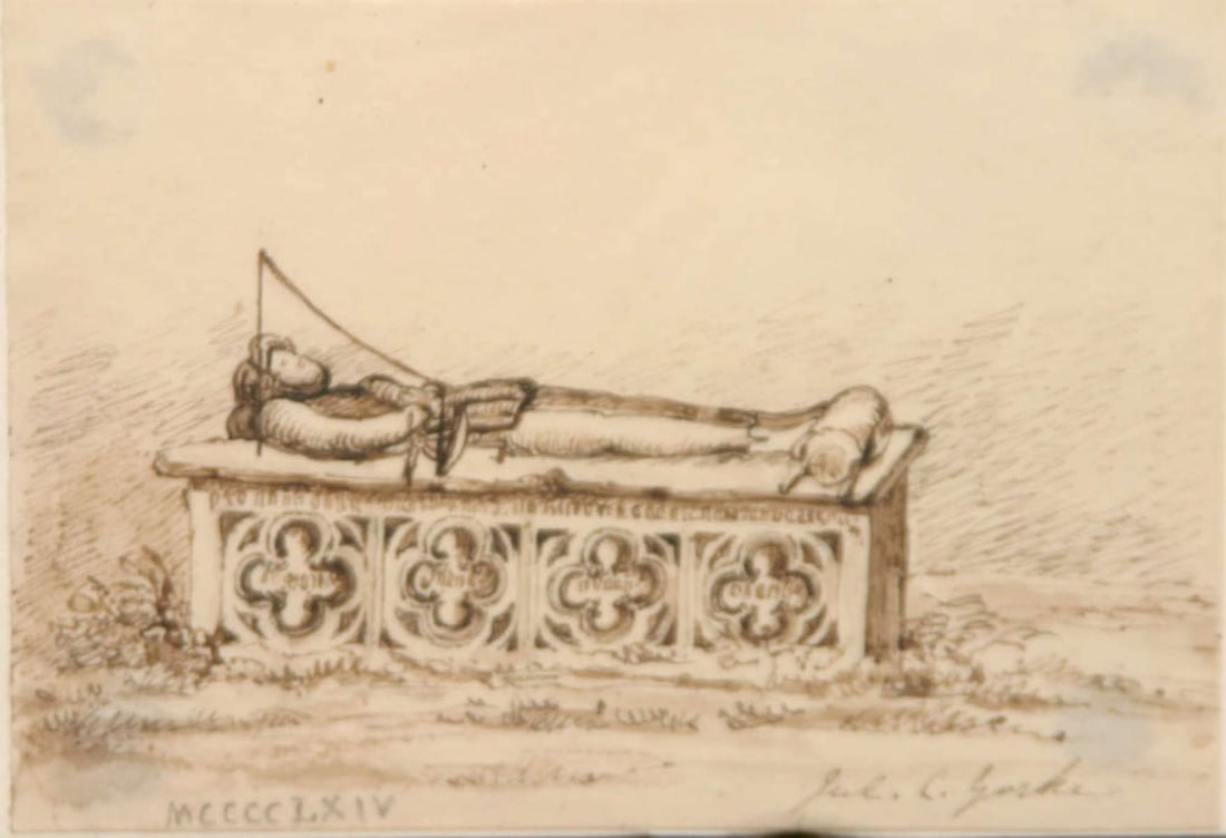 antique sanguine illustration drawing: dated 1464 in Roman numerals (MCCCLXIV) and signed Jul. (Julius) C. Gorke lower right, as shown and done in sanguine pen and ink, depicting a postmortem scene of a person (man? woman? knig