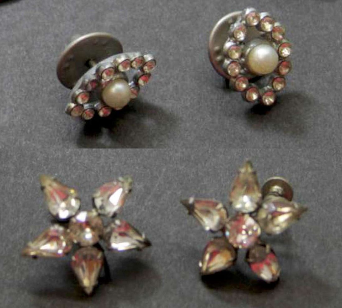 antique estate jewelry: rhinestone pieces: two sets of rhinestone pieces: pair of screw back earrings and matching lapel pins, with clear cut rhinestone design and faux pearls, great Victorian or Art Deco period diamante or paste j