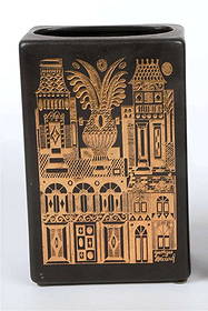 MCM Georges Briard vase with gilt design: Mid Century Modern signed Georges Briard ceramic or pottery rectangular black matte vase with oval opening and shiny gold toned abstract street view or houses design, marked Hyalyn USA underneat