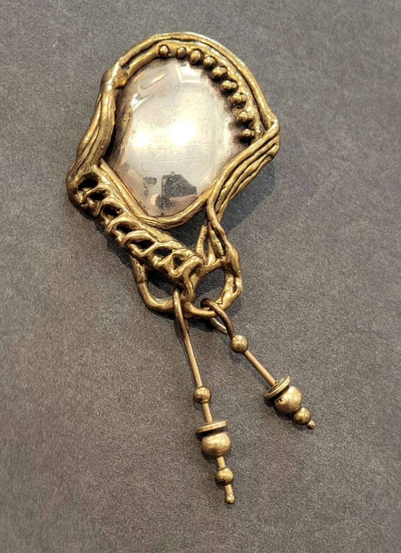 vintage estate jewelry: Brutalist pin: late MCM or Mid Century Modern Brutalist style mixed-metal lapel pin (missing back) with silver (untested) and gold tones (brass?) and dangly pins, would certainly make a statement and be a grea