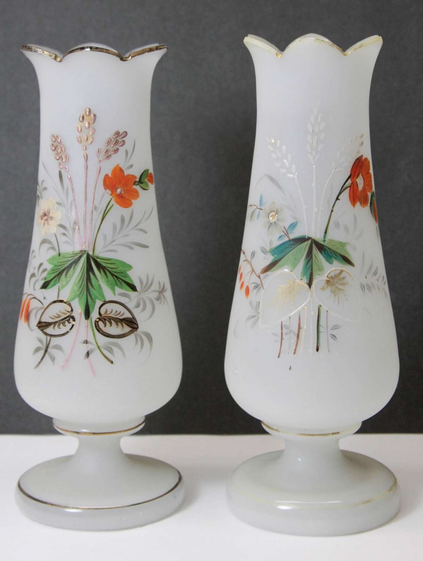 PAIR antique English Bristol glass vases: similar but not quite matching pair of small frosted white antique Bristol glass bud vases with hand painted floral or flower design and scalloped edges, unmarked (except for ink Bristol, 