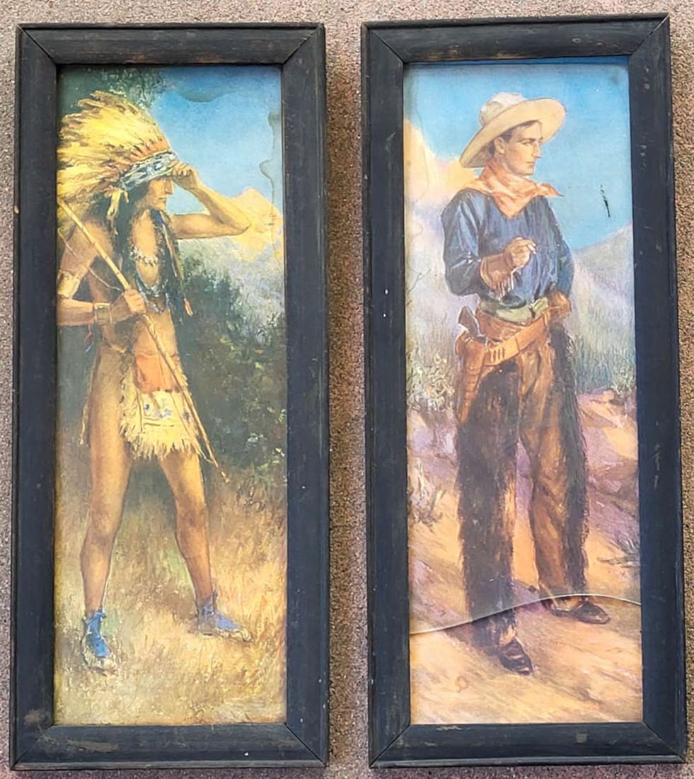 antique pair of cowboy and Indian prints (1 of 10)