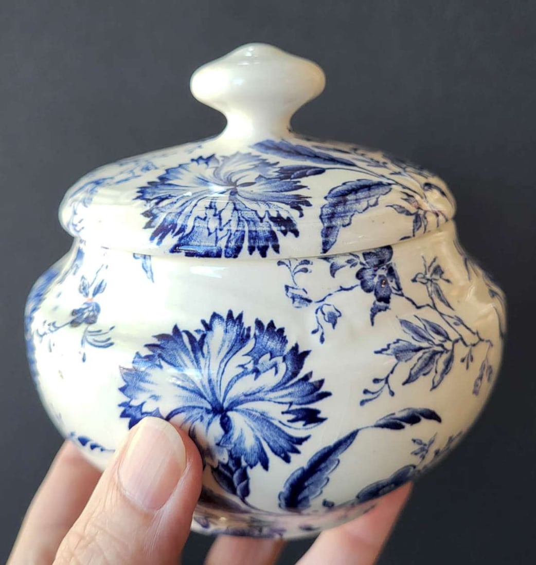 antique French Wedgwood lidded pot: vintage or antique pottery or porcelain dresser or vanity jar with white background and blue floral or flower design, marked as shown Made in France Wild-Flower Enoch Wedgwood Tunstall Ltd Gien