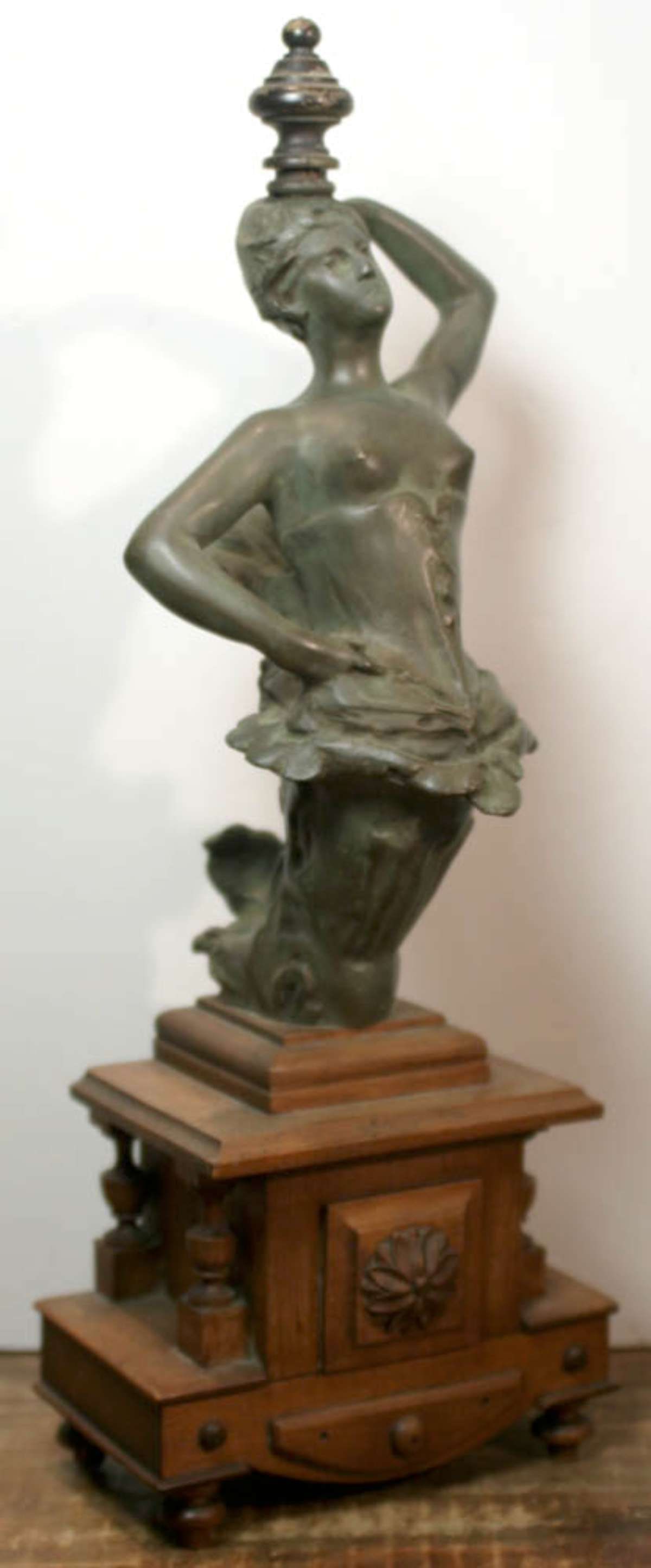 antique Art Nouveau nude lady statue: not sure if this was originally a chenet or fireplace andiron, or possibly an architectural or furniture part, but either way this is a beautiful heavy bronze figural piece depicting a sem