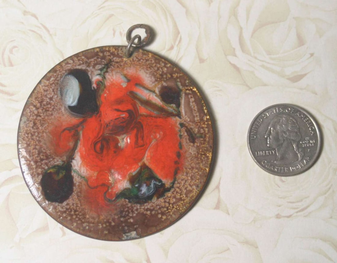 vintage estate jewelry: MCM pendant: large vintage Mid Century Modern, Brutalist or Space Age style (and likely actually from the period) enameled large round TWO sided necklace pendant, one side with orange and brown accents