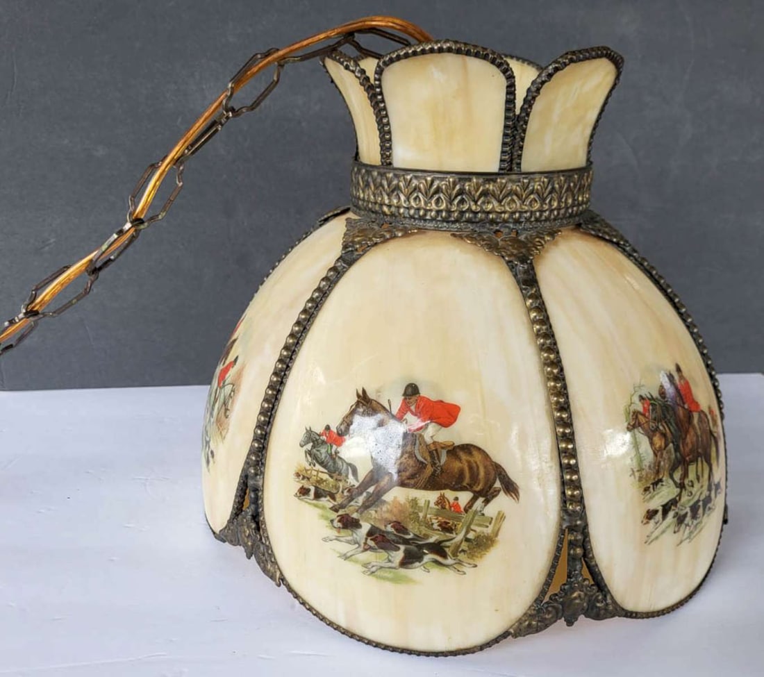 vintage Currier and Ives slag glass chandelier (1 of 14)