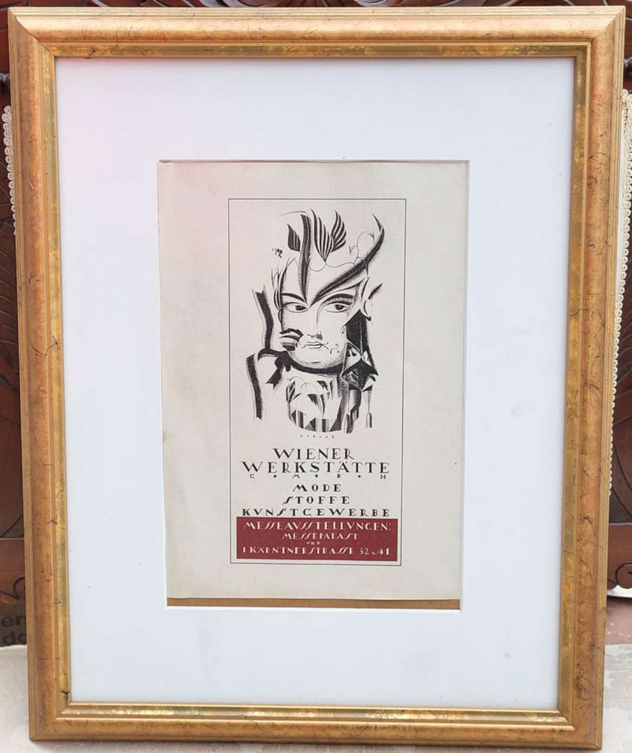 1910 Wiener Werkstatte handbill or small poster: design by Dagobert Peche ad for fair trade for fashion (Mode), fabrics (Stoffe) and works of Art (Kunstgewerbe), beautifully matted and in a gilt carved wooden frame