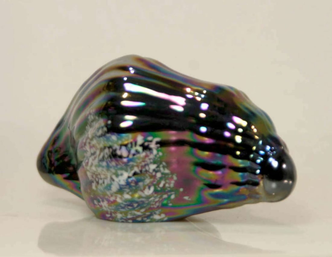 vintage glass figural paperweight: iridescent oil colored glass paperweight shaped like a seashell and marked Pele's Glass Hawaii, as shownabout 4" long