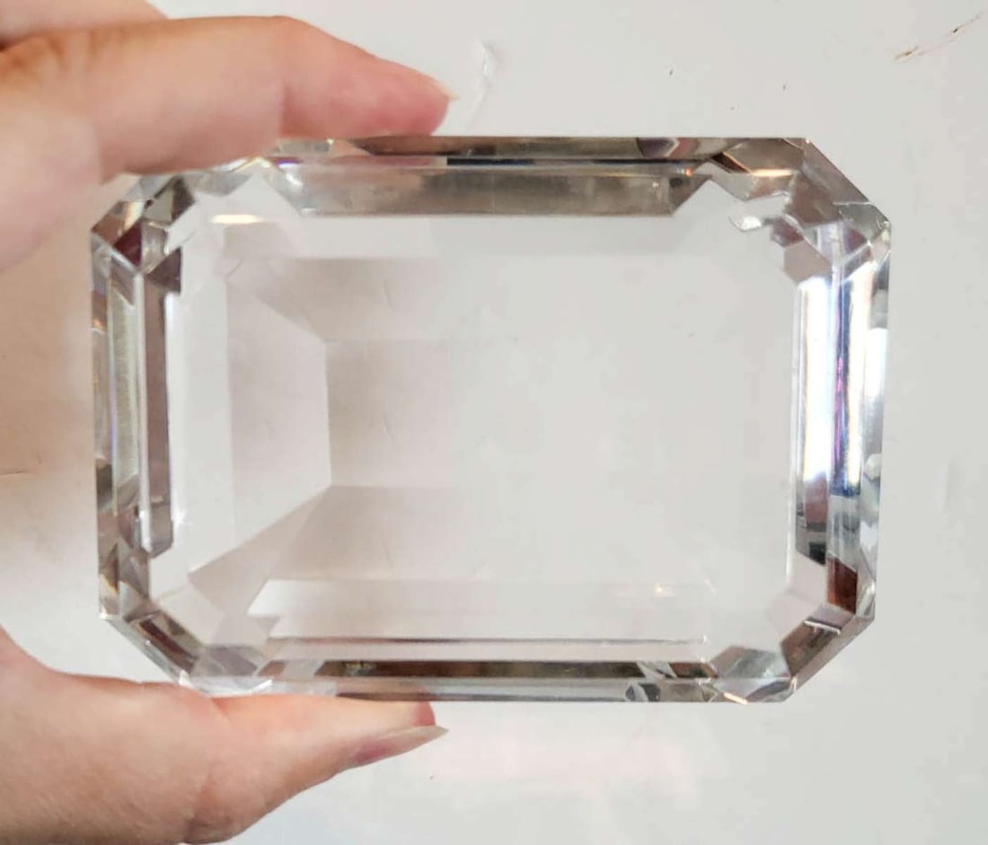 vintage Tiffany clear glass paperweight: vintage leaded glass (or crystal? very heavy) paperweight, shaped like a faceted cut diamond and clearly marked in etched lettering as shown Tiffany and Co (Company)aprox 4" long by 2 7/8&q