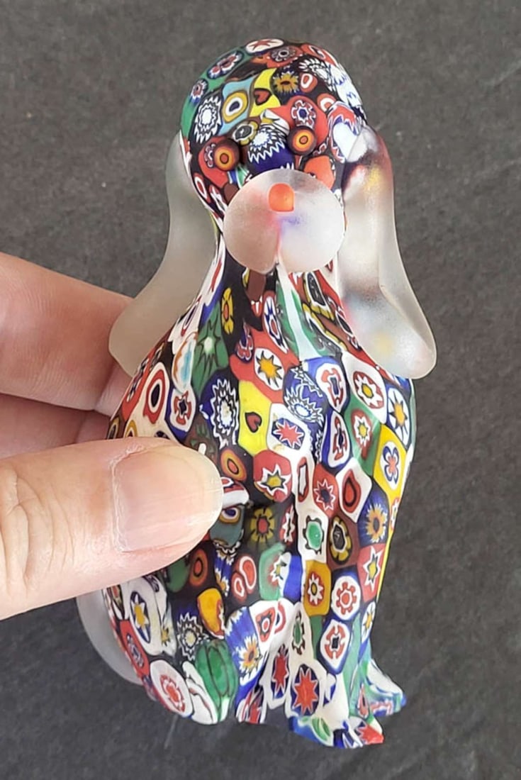vintage figural glass paperweight by Murano: vintage frosted and multicolored Millefiori glass paperweight shaped like a sitting dog with long floppy ears, unmarked but most likely a Murano piece