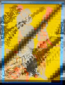 HUGE vibrantly colored circus poster in frame: very large yellow background chromo lithograph print on cardboard backing and in a blue frame, depicting a clown in the corner and a woman in uniform and feather hat with her black horse or pony