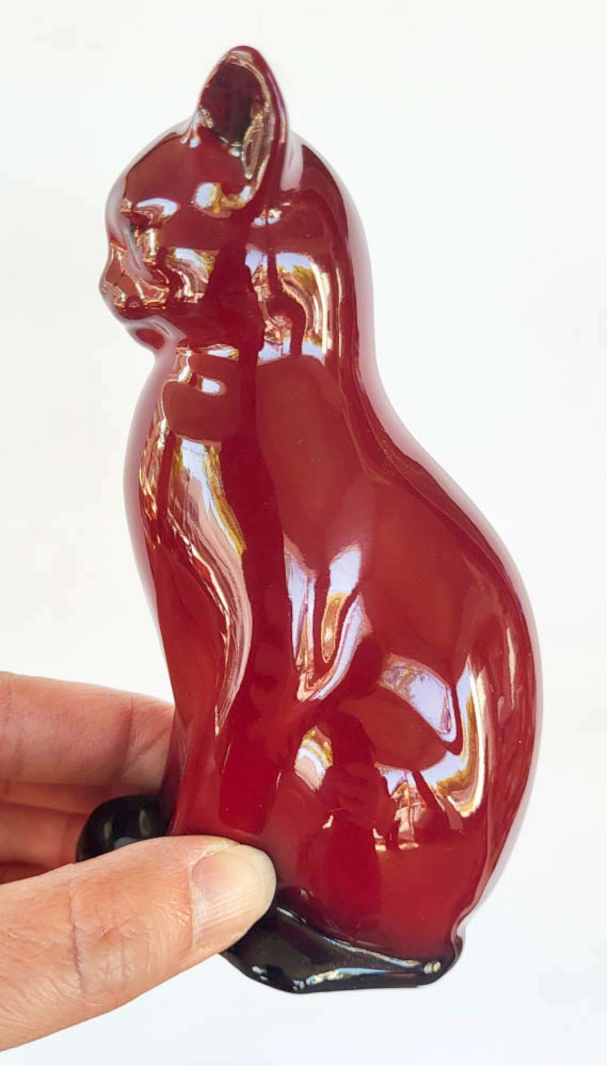 vintage porcelain animal cat sculpture: Royal Doulton Flambe red and black finish sitting cat statue, Made in England