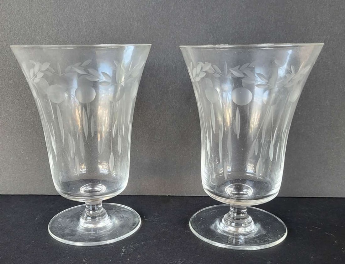 antique etched crystal PAIR of glasses: beautiful and delicate pair of low stemware clear crystal glasses or goblets with abstract fruit and leaves design, unmarked