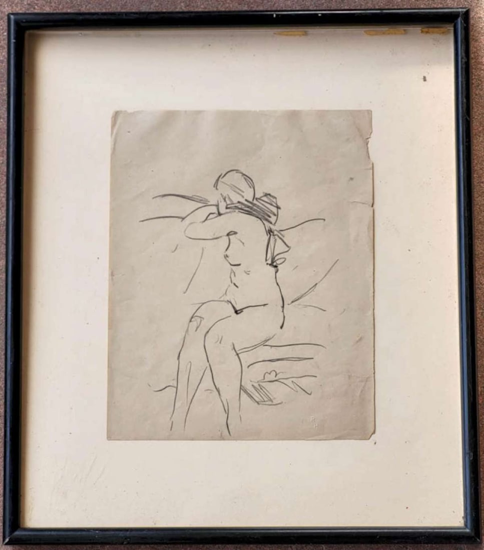 original nude pencil drawing in frame: original pencil portrait illustration drawing on paper, in a simple frame, impressed artist's initials RH as shown and depicting a nude woman facing away while sitting on a couch