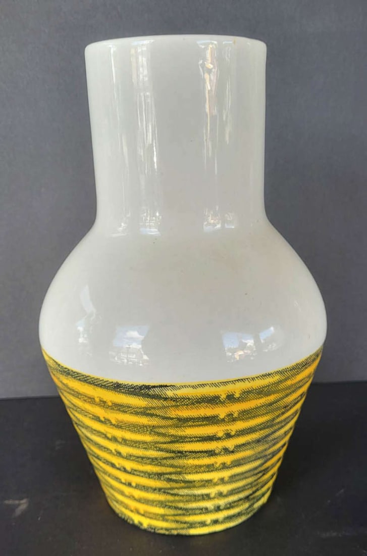 rare French vintage pottery vase Gien: marked Gien France and Creation Primefleur underneath as shown, white background pottery bulbous vase with faux yellow and black basket weave design on the bottom