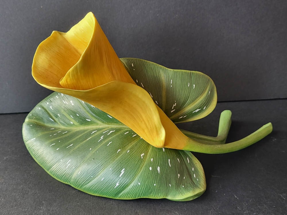vintage porcelain floral sculpture: vintage bisque or porcelain statue Golden Calla Lily by Ronald van Ruyckevelt for The Franklin Mint 1986