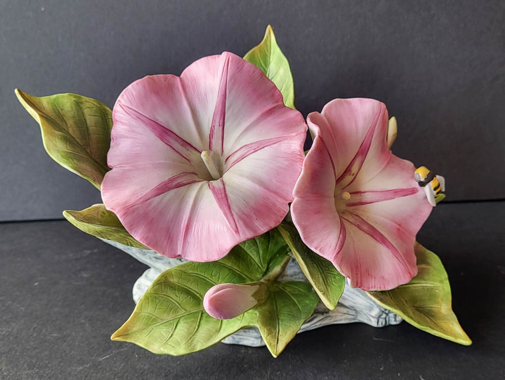 vintage porcelain floral sculpture: vintage bisque or porcelain statue Pink Morning-glory With Bee by Andrea Sadek 1985 Made in Japan