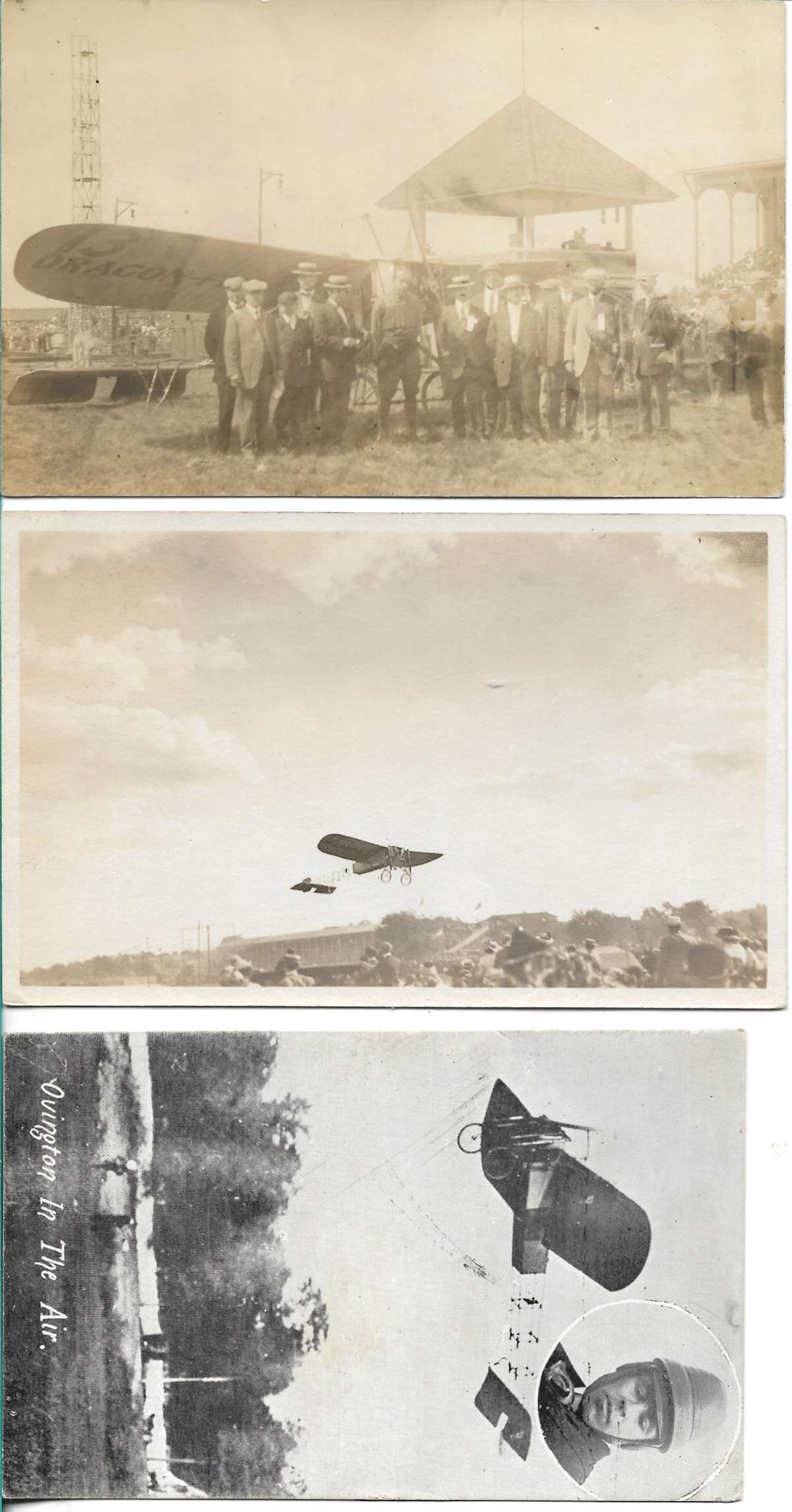 3 antique aviation postcards 1st airmail pilot Earle Ovington: This lot consists of 3 antique aviation postcards featuring America's FIRST airmail pilot Earle Ovington. Two are real photo postcards and 2 also have contemporary descriptive text! One reads: &q