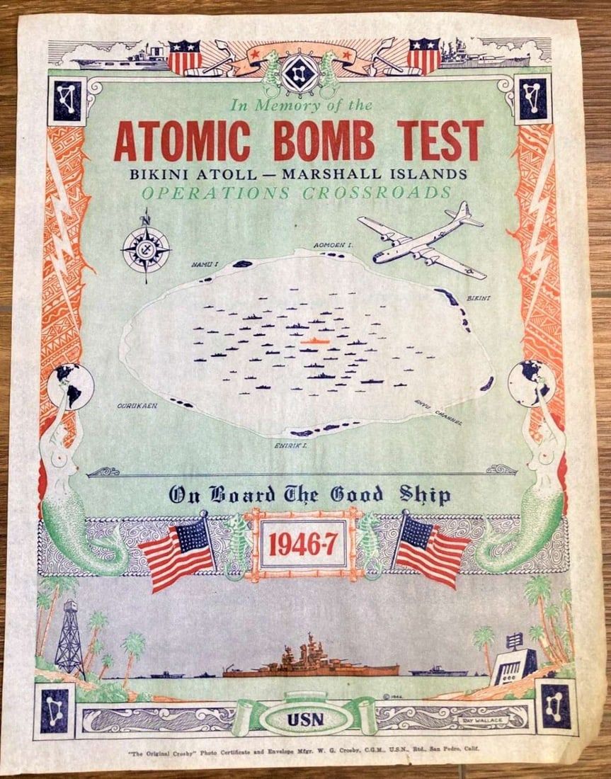 1946 Atomic Bomb Test Operation Crossroads small poster: This is an original, extremely scarce and highly decorative small "poster" in memory of the Atomic Bomb Test held at the Bikini Atoll in 1946. These were probably distributed to Navy c