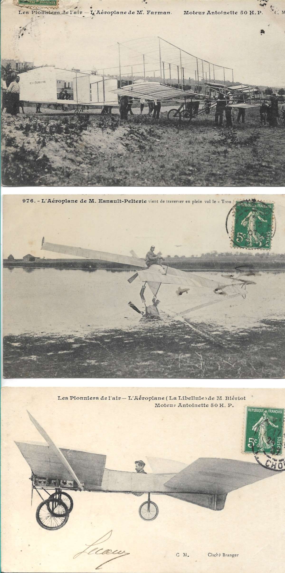 set of three rare 1907 airplane postcards: These three antique airplanes, each designed and piloted by a different famous pioneer aviator, actually flew BEFORE the world's first public demonstration of heavier-than-air flight