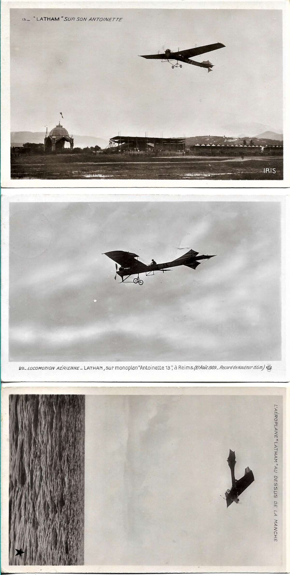 1909 and 1913 aviation photo postcards: This lot consists of 3 antique aviation "rotary photo" postcards of celebrated pioneer aviator Hubert Latham. Two are stamped and postmarked 1909 and one is stamped and postmarked 1913.stand