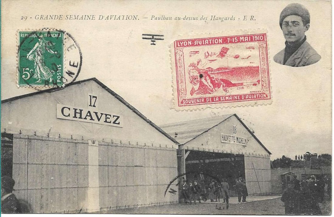 1910 aviation meet postcard with vignette: This aviation meet postcard shows celebrated pioneer aviator Louis Paulhan standing by the hangars, is stamped and postmarked 1910, and is has the special vignette from the Lyon aviation m