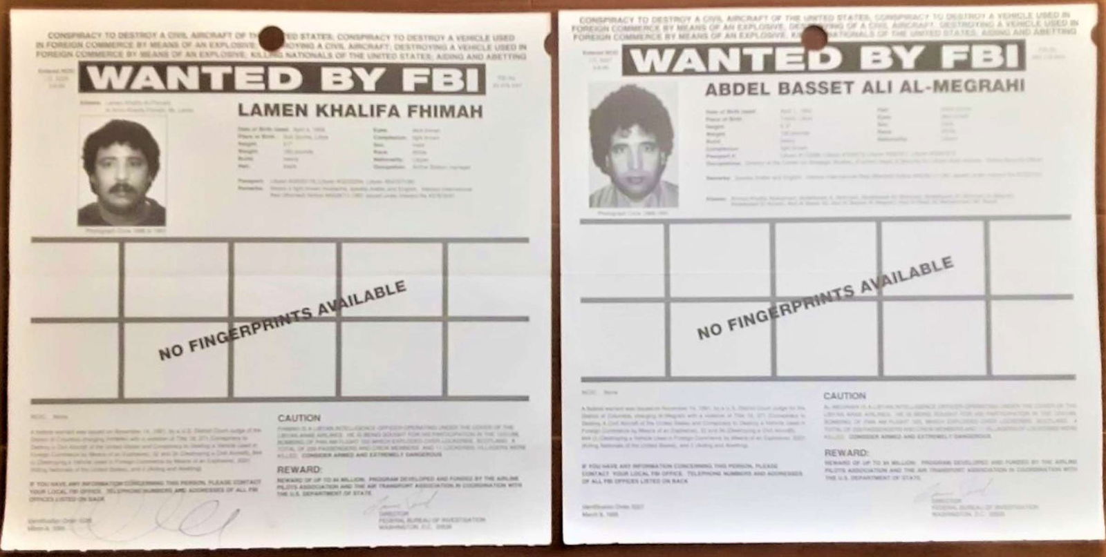 two FBI wanted posters for LOCKERBIE BOMBERS: These are two original 1995 FBI wanted posters for the Libyan criminal "Lockerbie bombers" who were responsible for the death of 270 people aboard Pan Am Flight 103 above Lockerbie, Sc